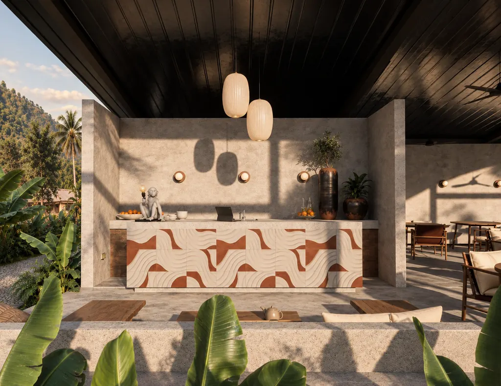 Café bar with terrazzo counter under the pavilion roof