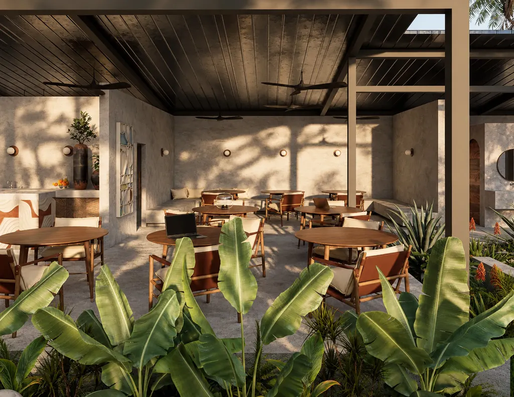 Café and coworking tables under the pavilion roof