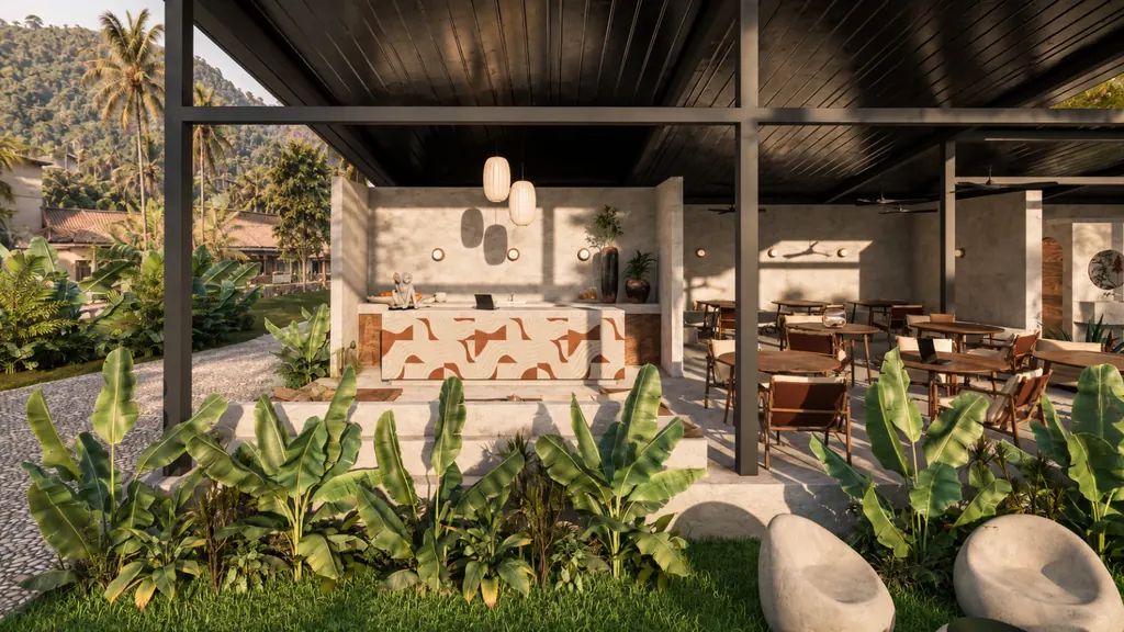 Café and coworking pavilion in the garden at Habitat CoLiving Kuta