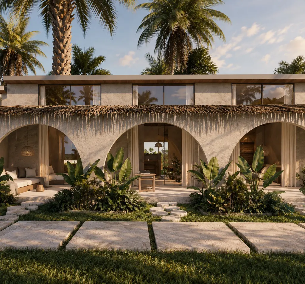 Front of the arched coliving studios at Habitat CoLiving Kuta