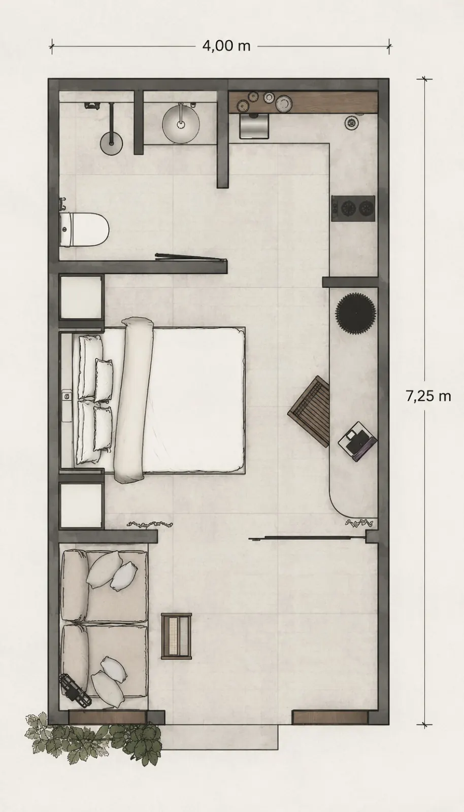 Floor plan of a coliving studio at Habitat CoLiving Kuta