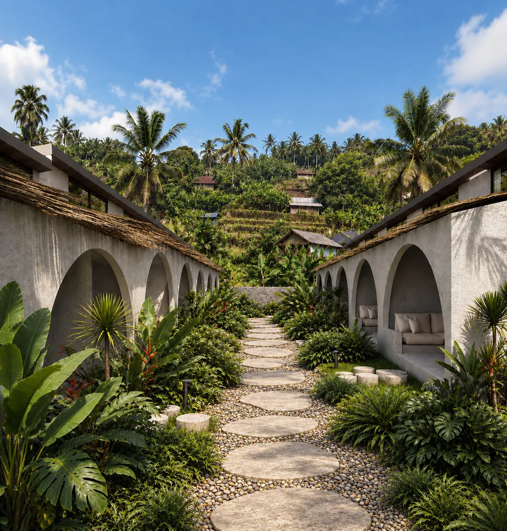 Stepping-stone garden walkway between the studios
