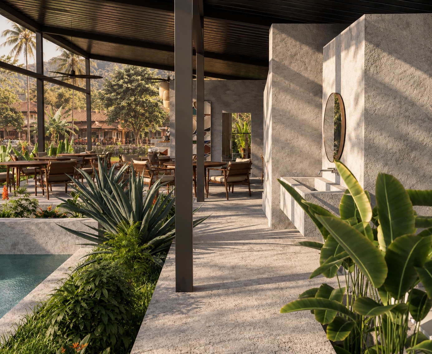 Pool beside the café and cowork pavilion