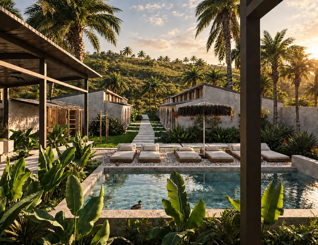 Piscina y tumbonas al atardecer, con los estudios junto al jardín