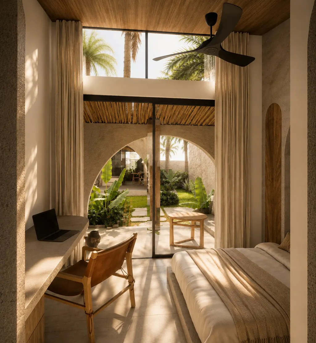 Studio opening through an arch onto the garden