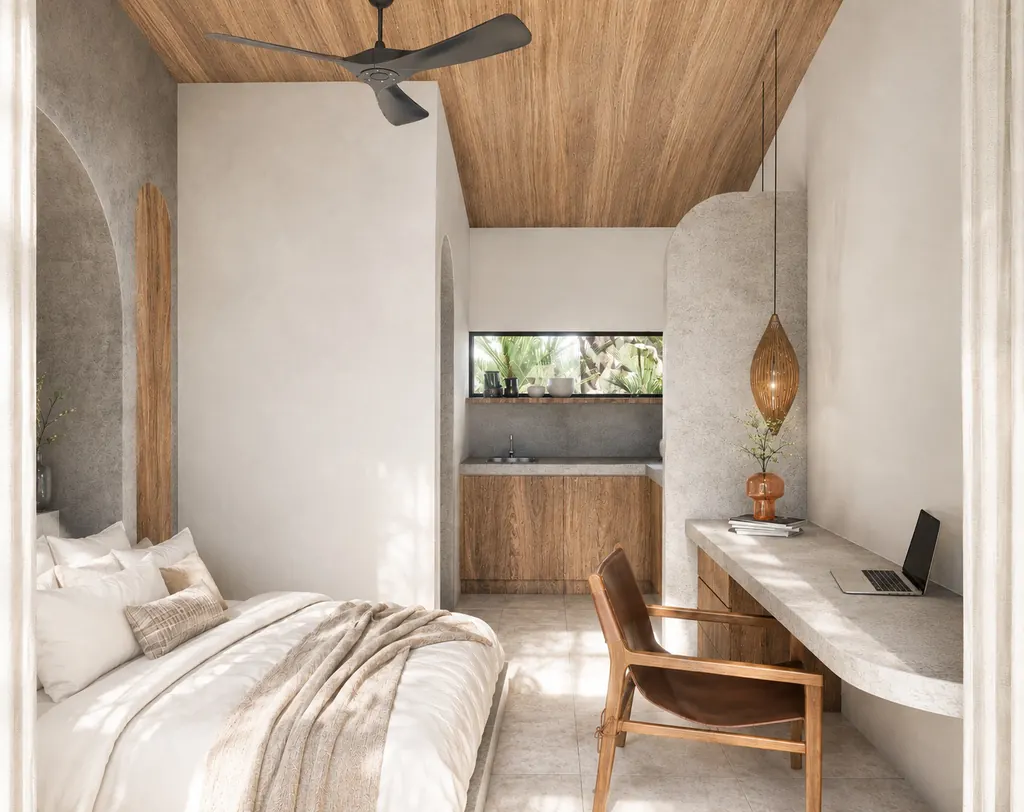 Queen bed facing the built-in workspace and kitchen